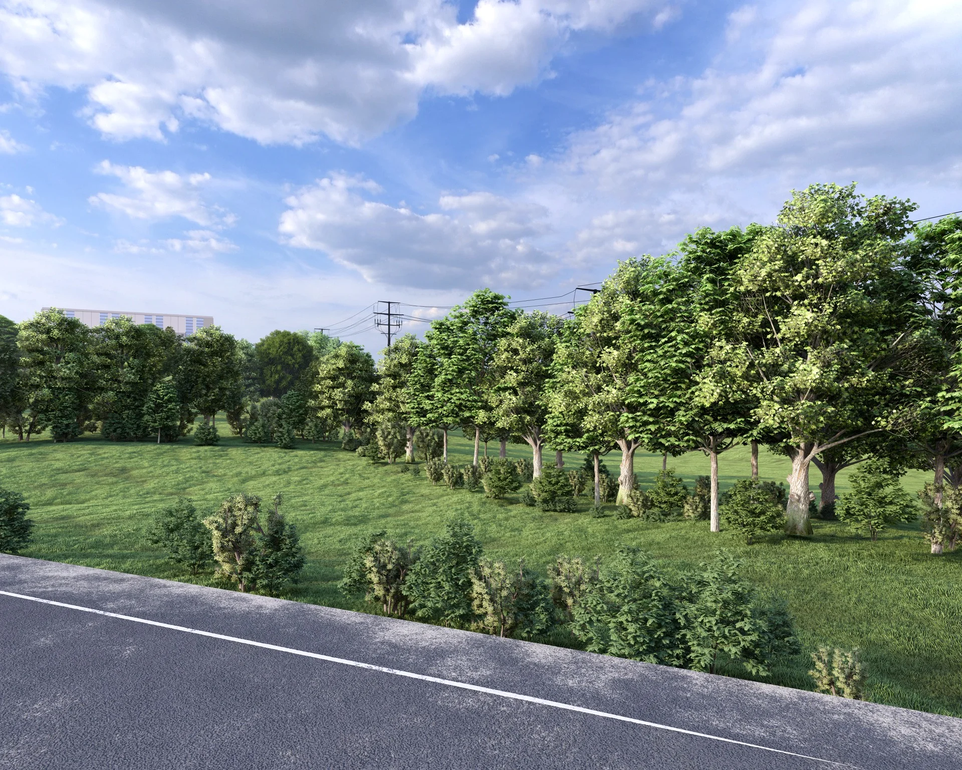 Viewpoint rendering showing a tree line and vegetation screening the campus from passersby