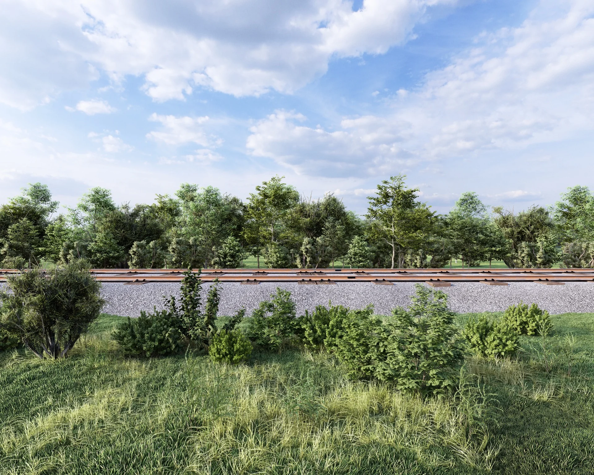 Viewpoint rendering showing landscaped buffer and setbacks screening campus buildings